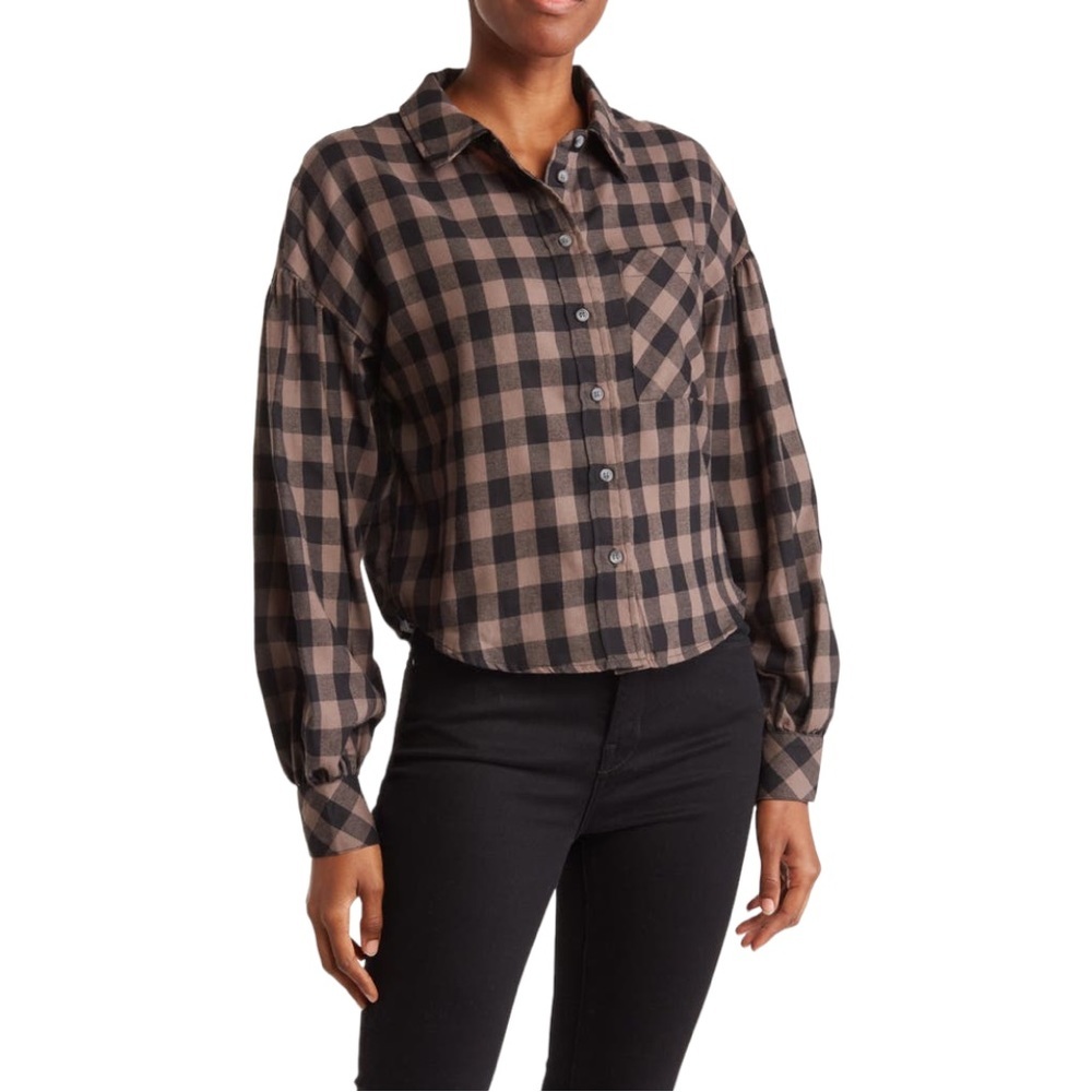Sanctuary Bianca Gingham Button-Up Blouse in Brentwood Check Puff Sleeve Small